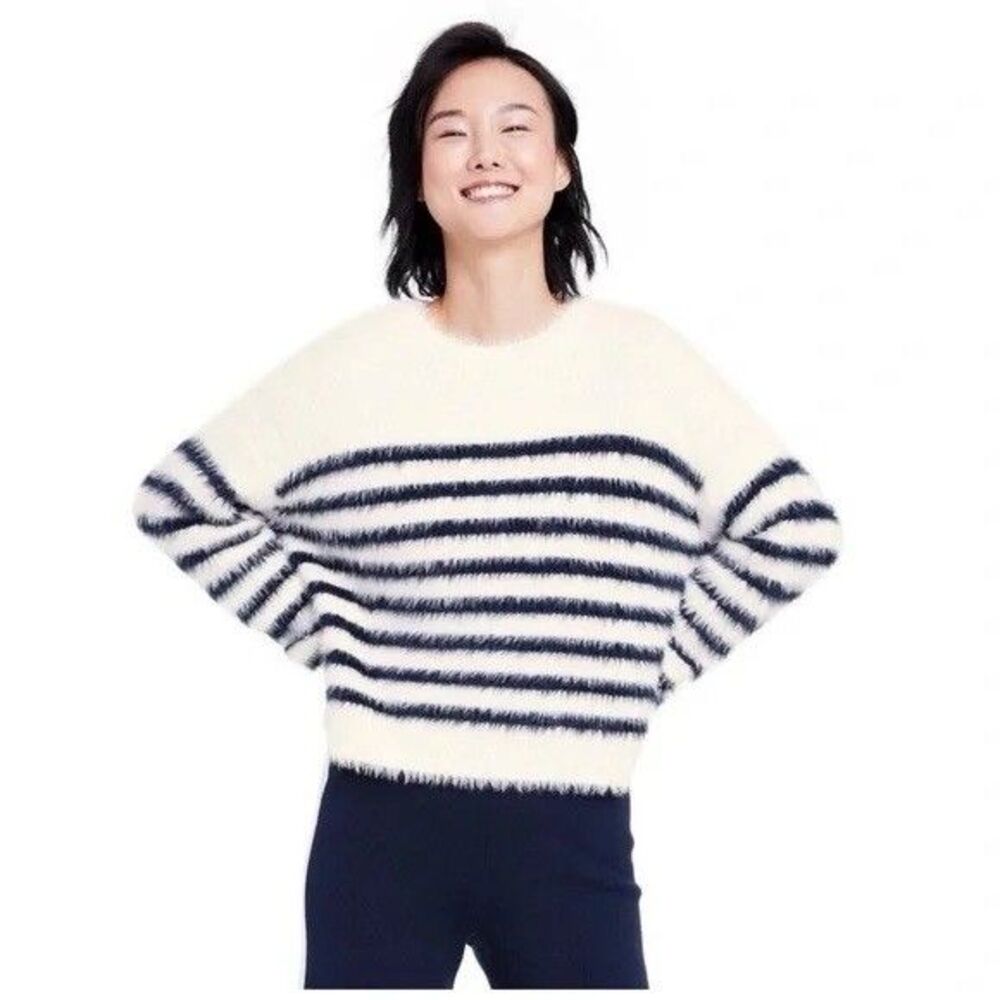 La Ligne x Target Fuzzy Yarn Crewneck Sweater Womens M Off White Blue Striped
